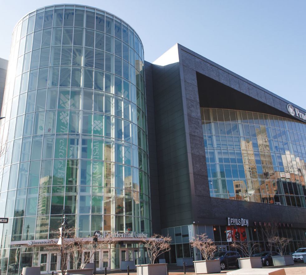Building exterior of glass at Prudential Center and Devils Den
